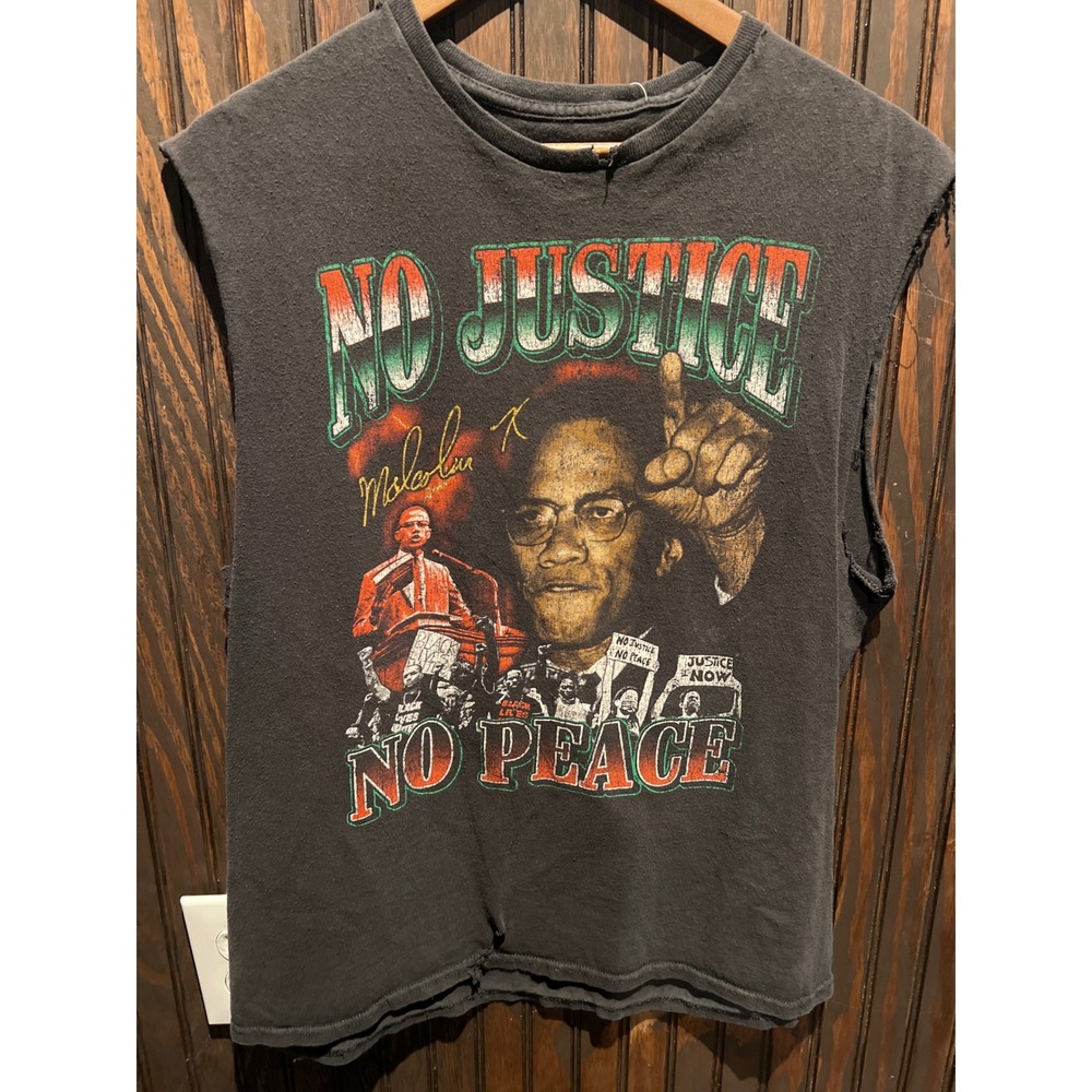 Malcolm X No Justice No Peace Graphic Muscle Tee Faded Black Vintage Style Shirt